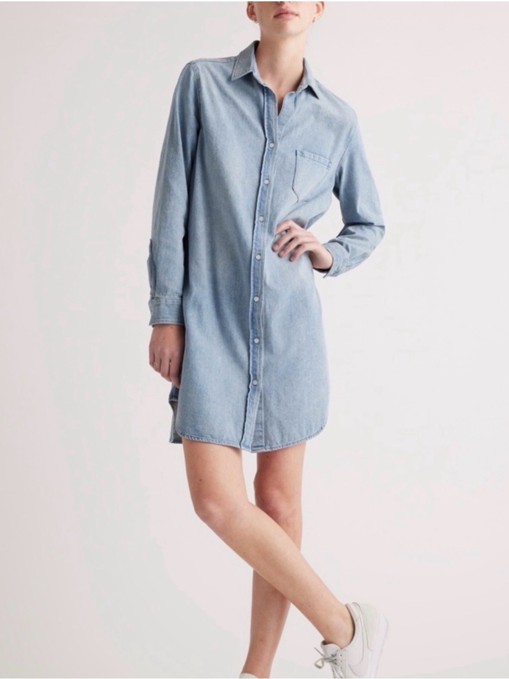 Quince Size S Distressed Light Blue Denim Minimalist Coastal Cowgirl Shirt Dress